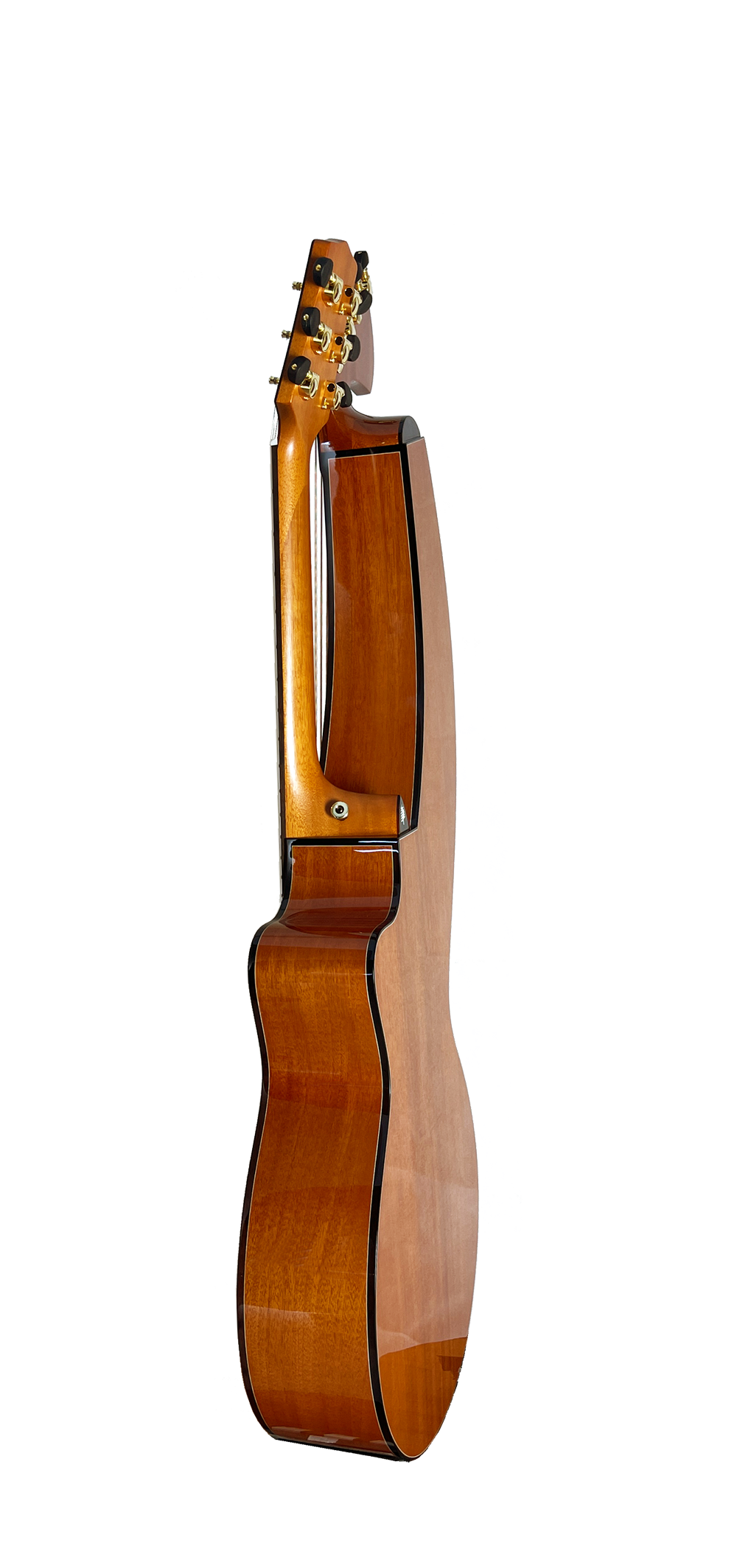T30HGpc Premium 100% Tropical Mahogany 12 String Parlor sized harp guitar with ebony fretboard, arm bevel and bridge.