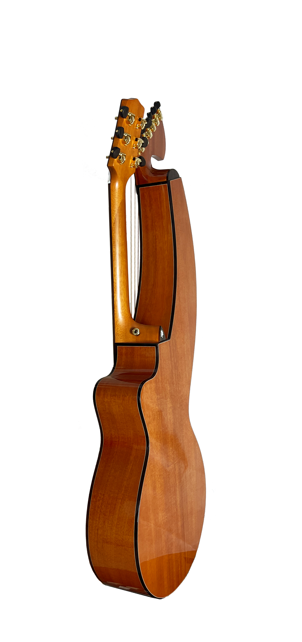 T30HGpc Premium 100% Tropical Mahogany 12 String Parlor sized harp guitar with ebony fretboard, arm bevel and bridge.