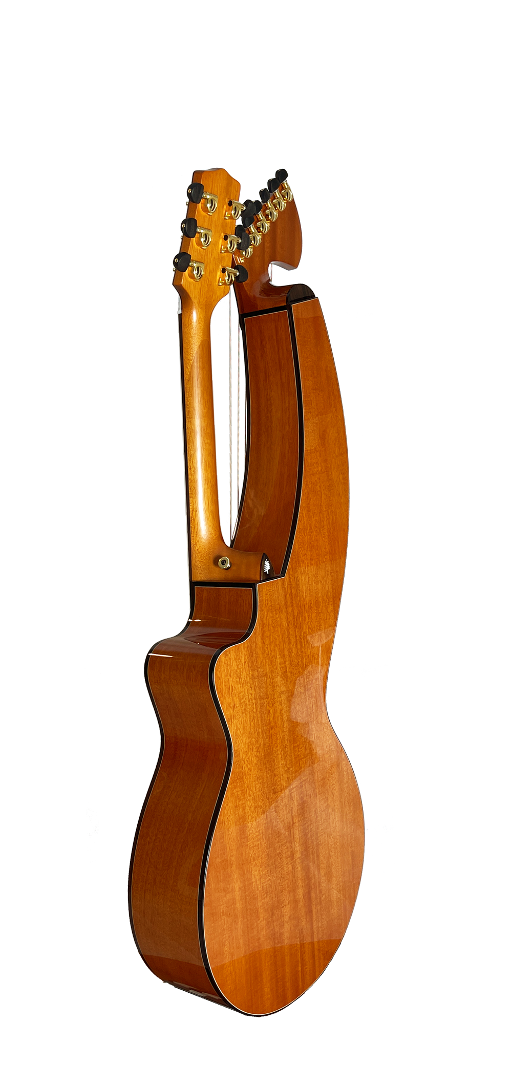 T30HGpc Premium 100% Tropical Mahogany 12 String Parlor sized harp guitar with ebony fretboard, arm bevel and bridge.