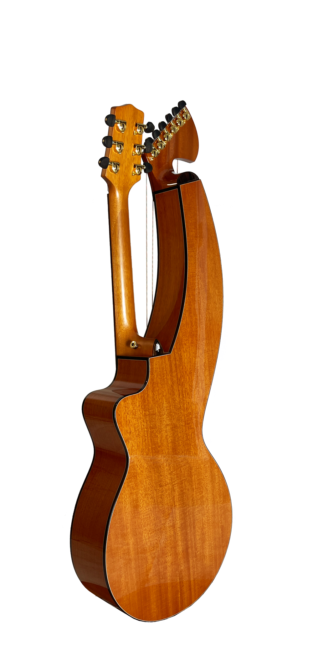T30HGpc Premium 100% Tropical Mahogany 12 String Parlor sized harp guitar with ebony fretboard, arm bevel and bridge.