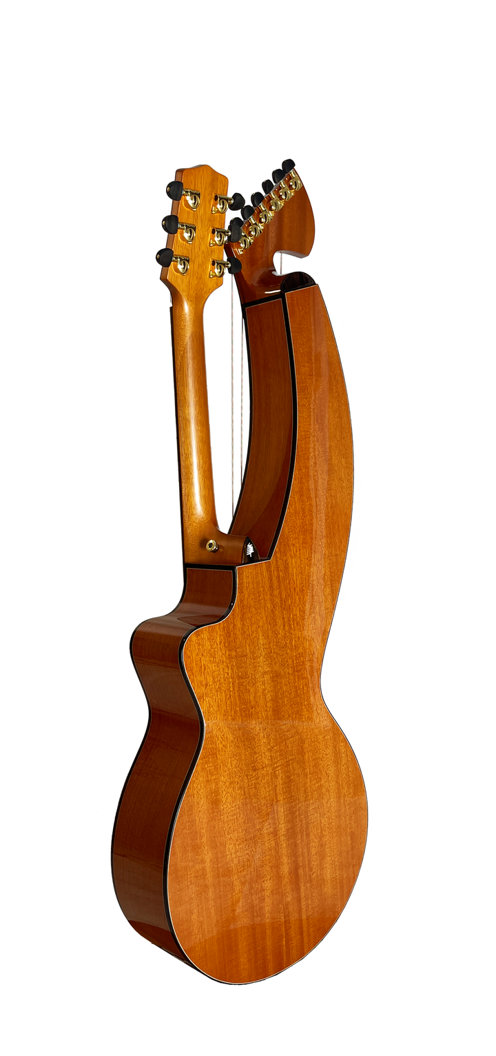 T30HGpc Premium 100% Tropical Mahogany 12 String Parlor sized harp guitar with ebony fretboard, arm bevel and bridge.