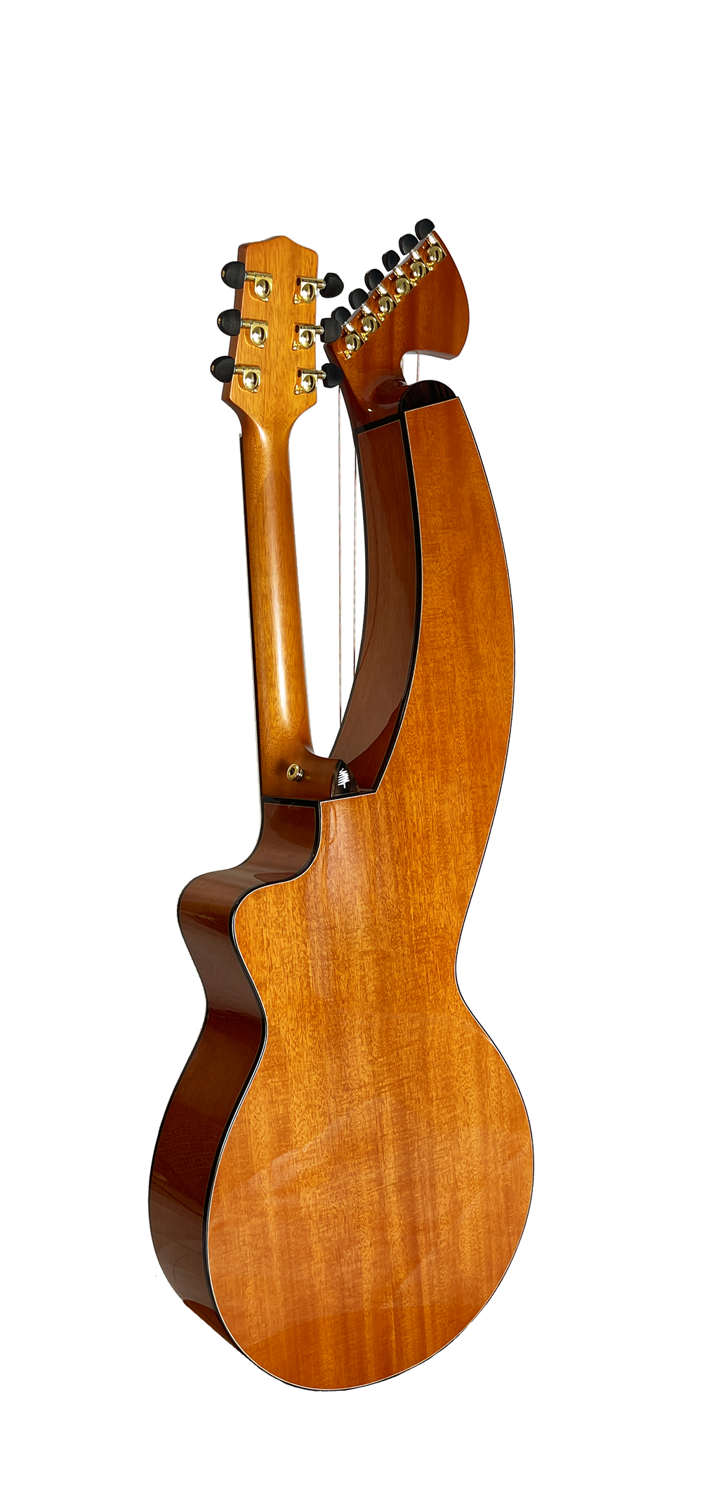 T30HGpc Premium 100% Tropical Mahogany 12 String Parlor sized harp guitar with ebony fretboard, arm bevel and bridge.