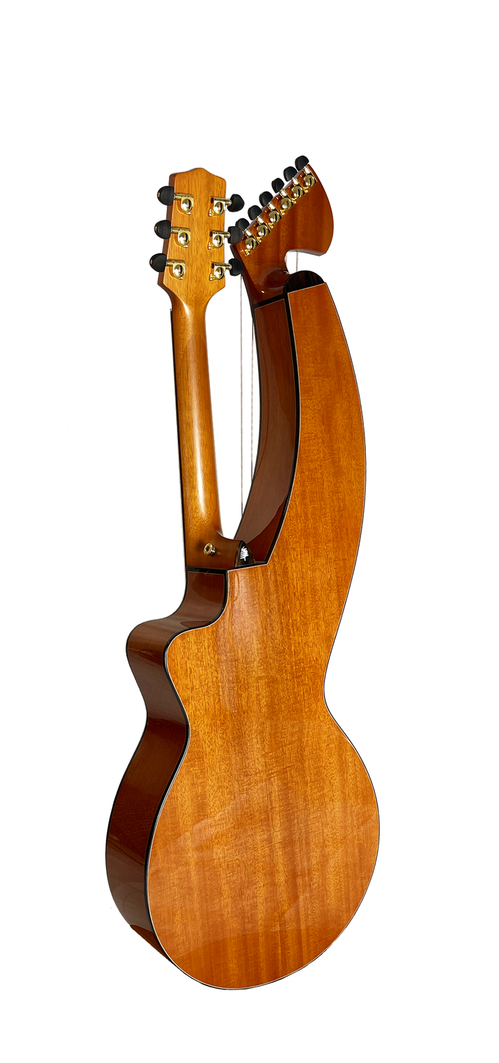T30HGpc Premium 100% Tropical Mahogany 12 String Parlor sized harp guitar with ebony fretboard, arm bevel and bridge.