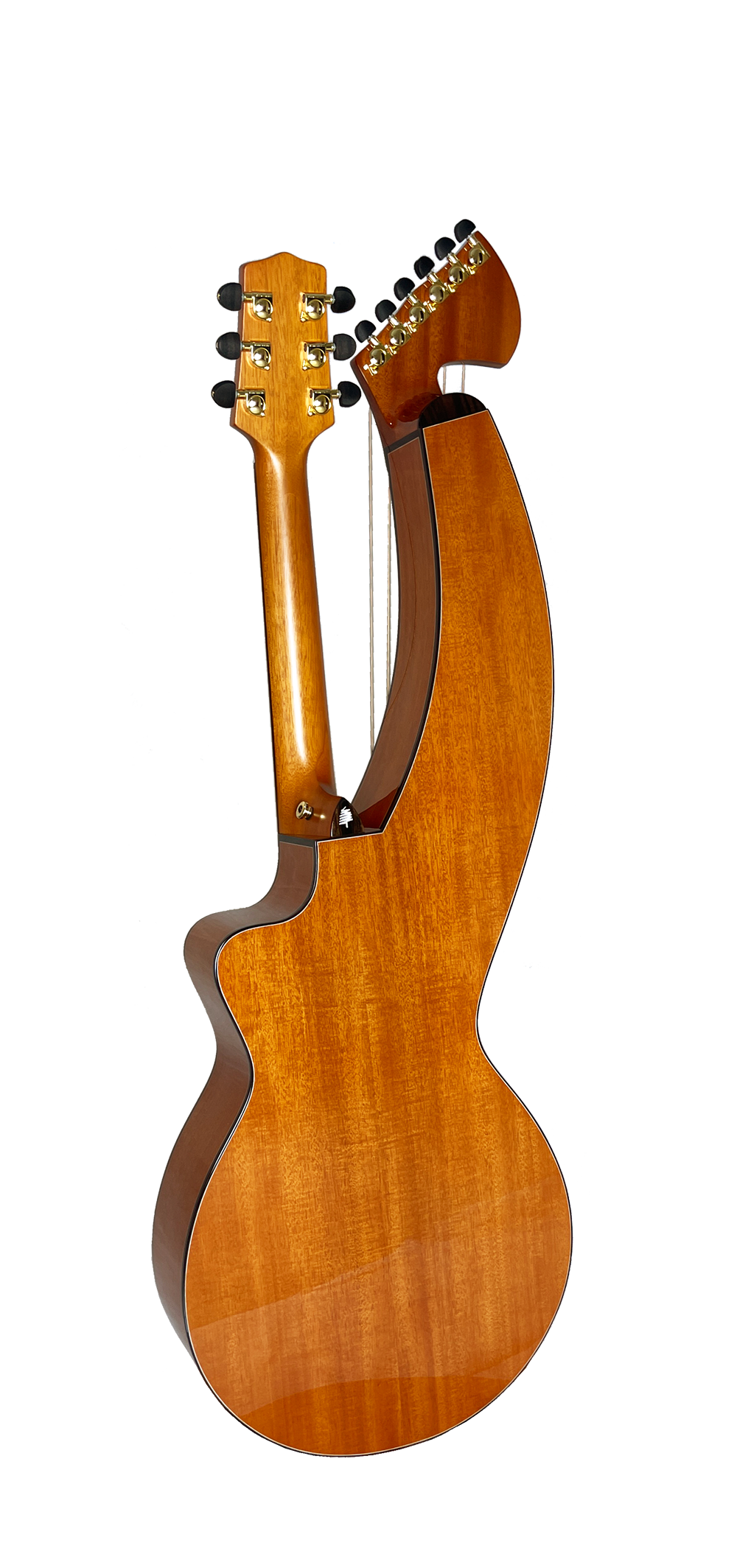 T30HGpc Premium 100% Tropical Mahogany 12 String Parlor sized harp guitar with ebony fretboard, arm bevel and bridge.