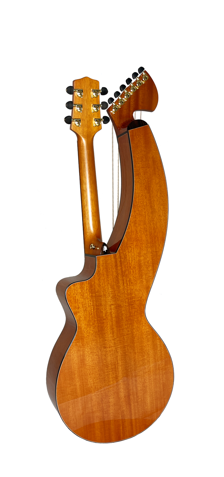T30HGpc Premium 100% Tropical Mahogany 12 String Parlor sized harp guitar with ebony fretboard, arm bevel and bridge.