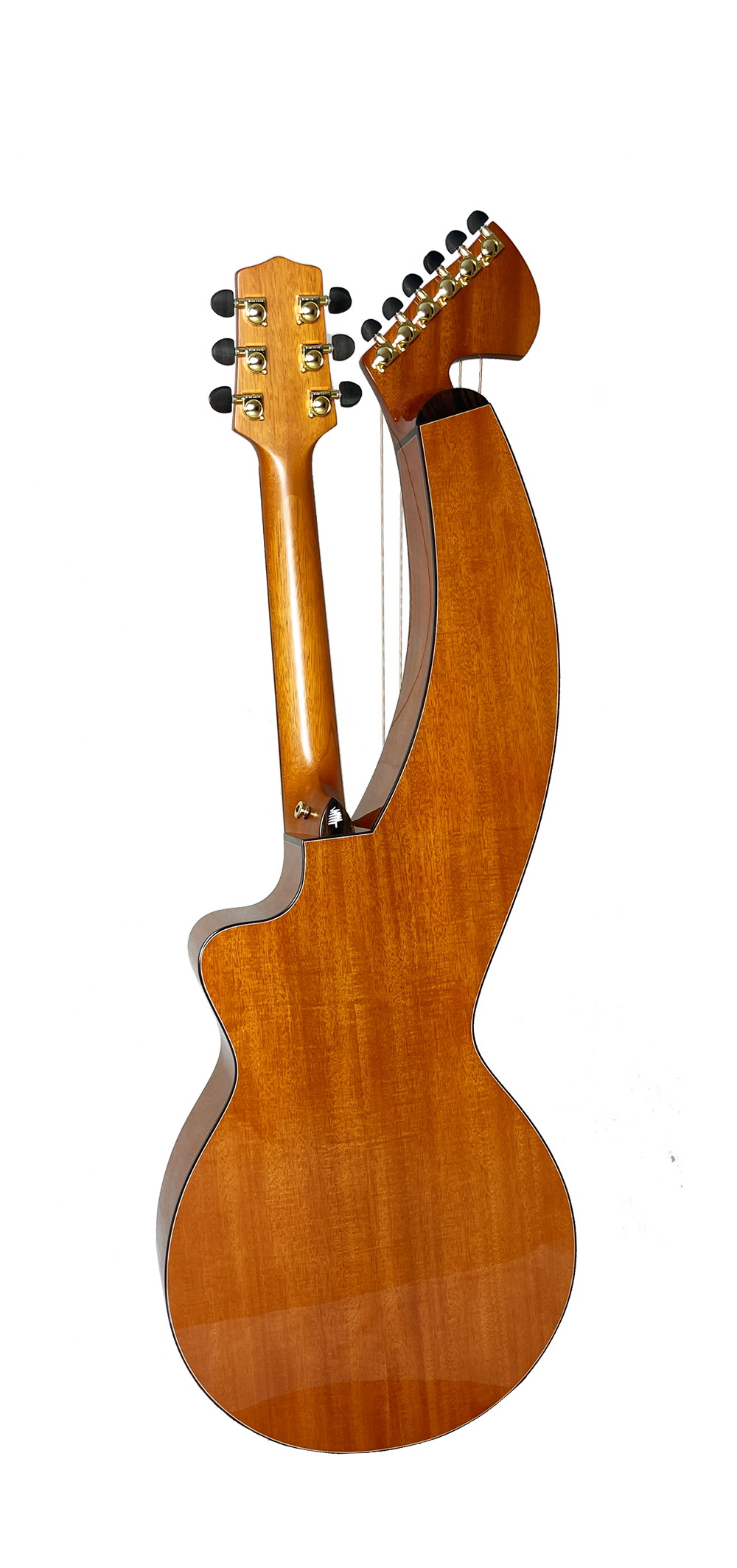 T30HGpc Premium 100% Tropical Mahogany 12 String Parlor sized harp guitar with ebony fretboard, arm bevel and bridge.