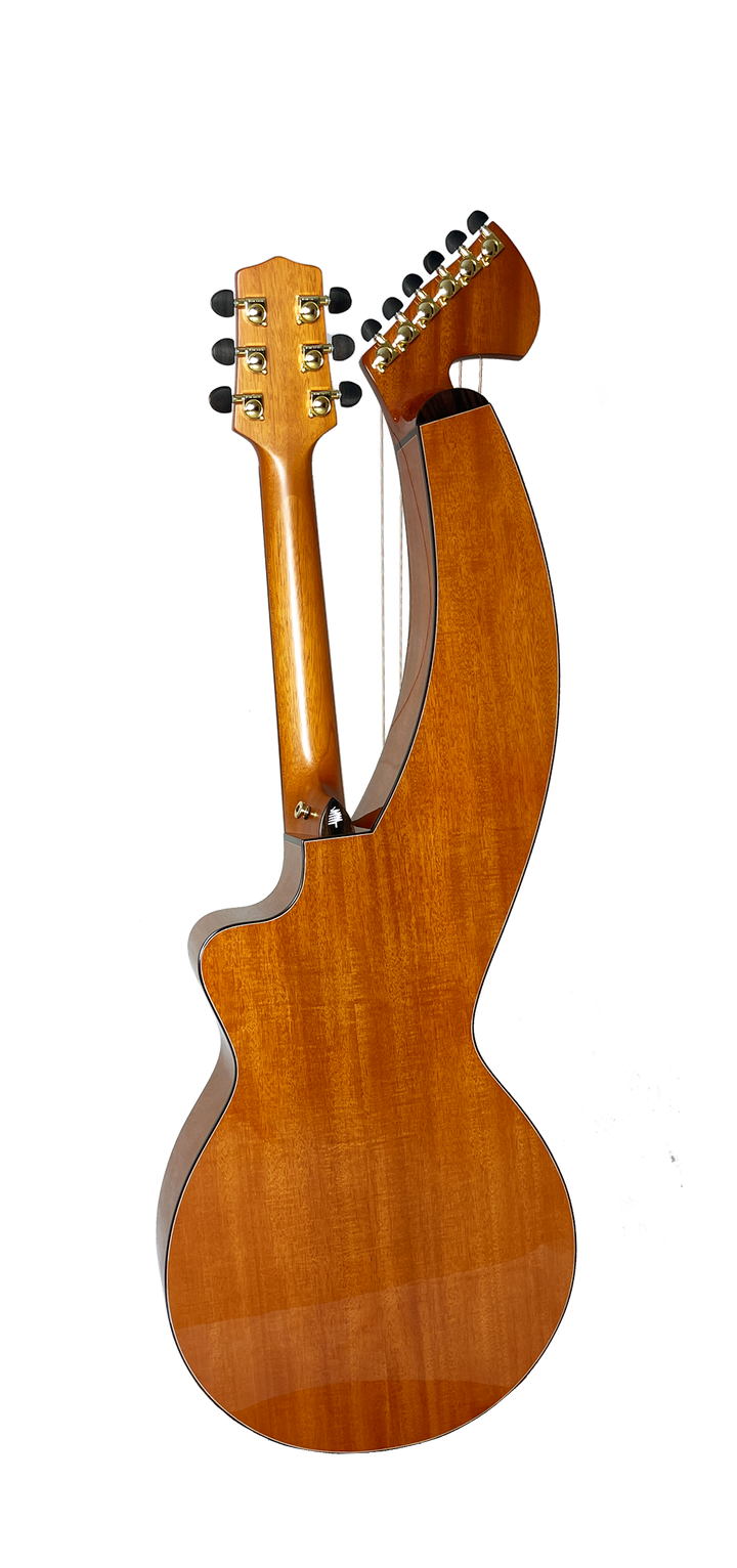 T30HGpc Premium 100% Tropical Mahogany 12 String Parlor sized harp guitar with ebony fretboard, arm bevel and bridge.