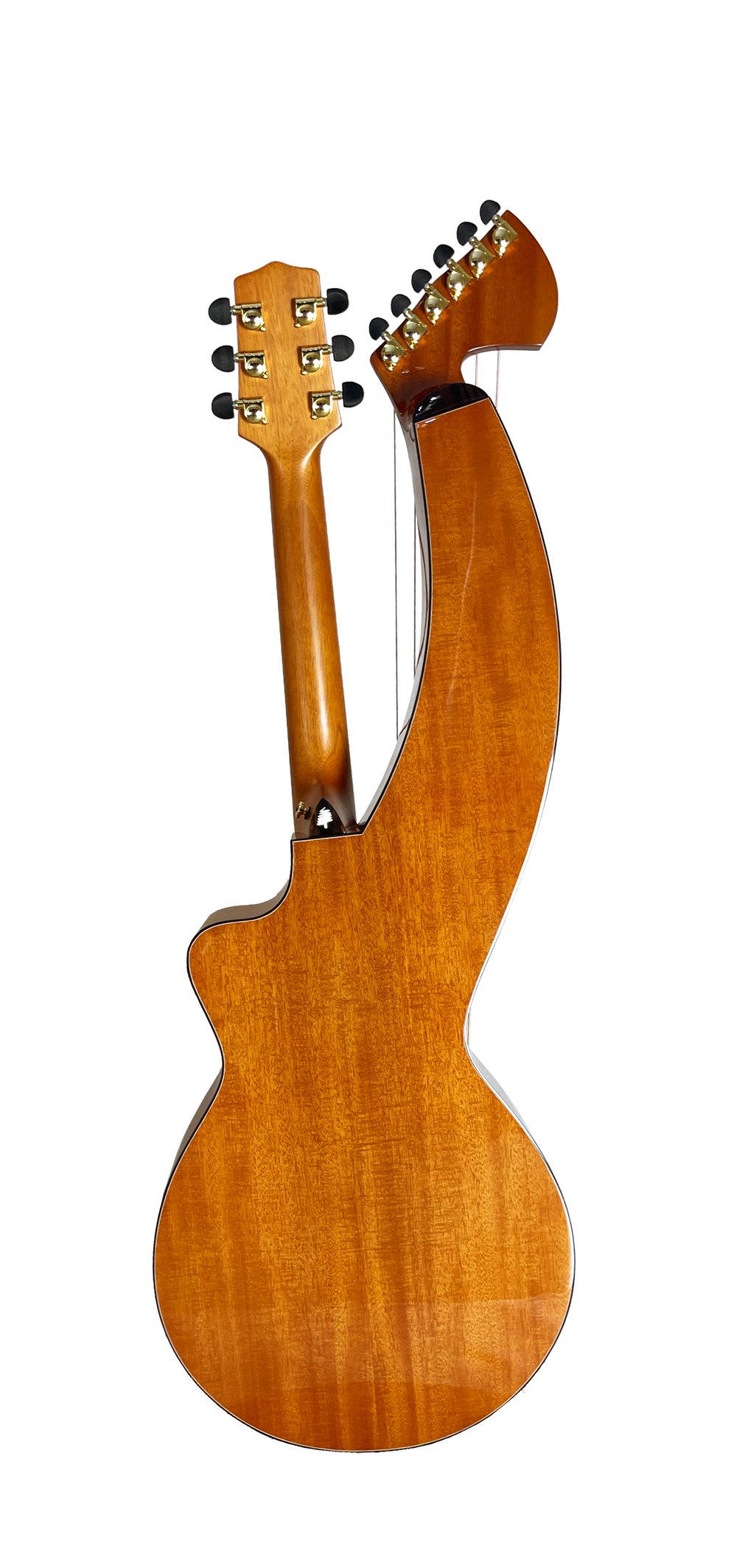 T30HGpc Premium 100% Tropical Mahogany 12 String Parlor sized harp guitar with ebony fretboard, arm bevel and bridge.