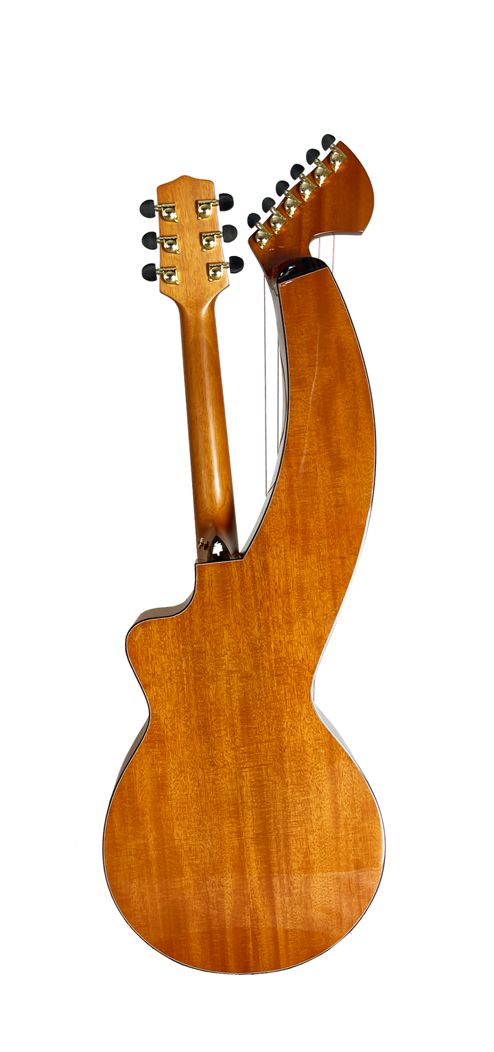 T30HGpc Premium 100% Tropical Mahogany 12 String Parlor sized harp guitar with ebony fretboard, arm bevel and bridge.