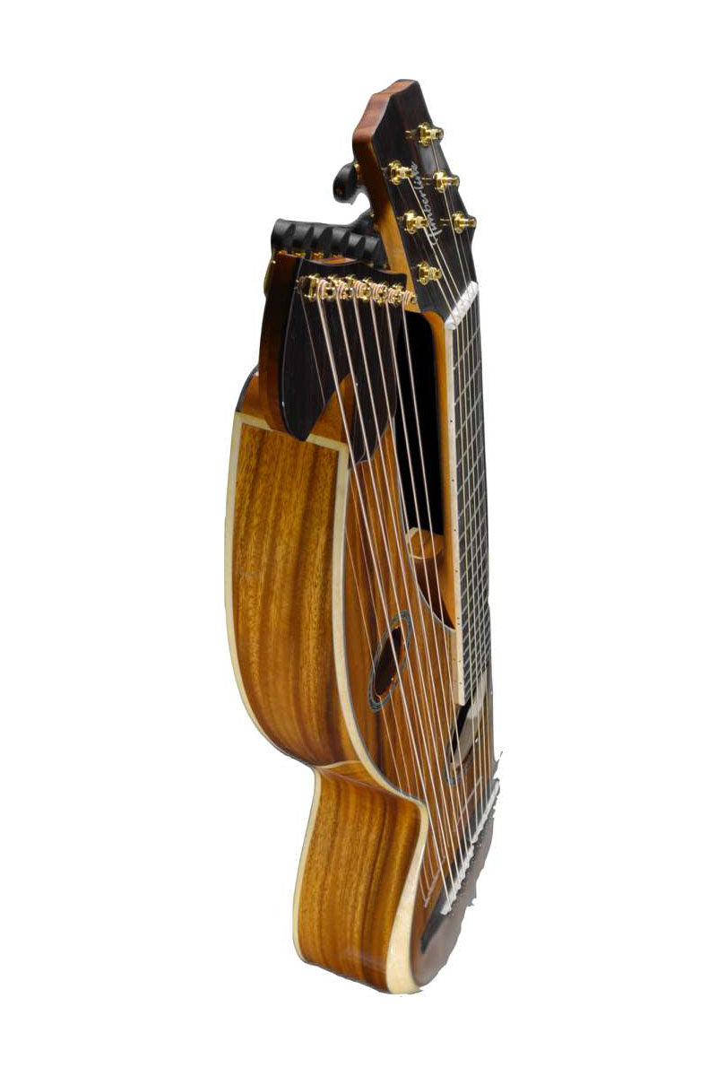 T60HGpc Premium 100% Tropical Acacia 12 String Parlor sized harp guitar with white Tamarind arm bevel and ebony fretboard and bridge.