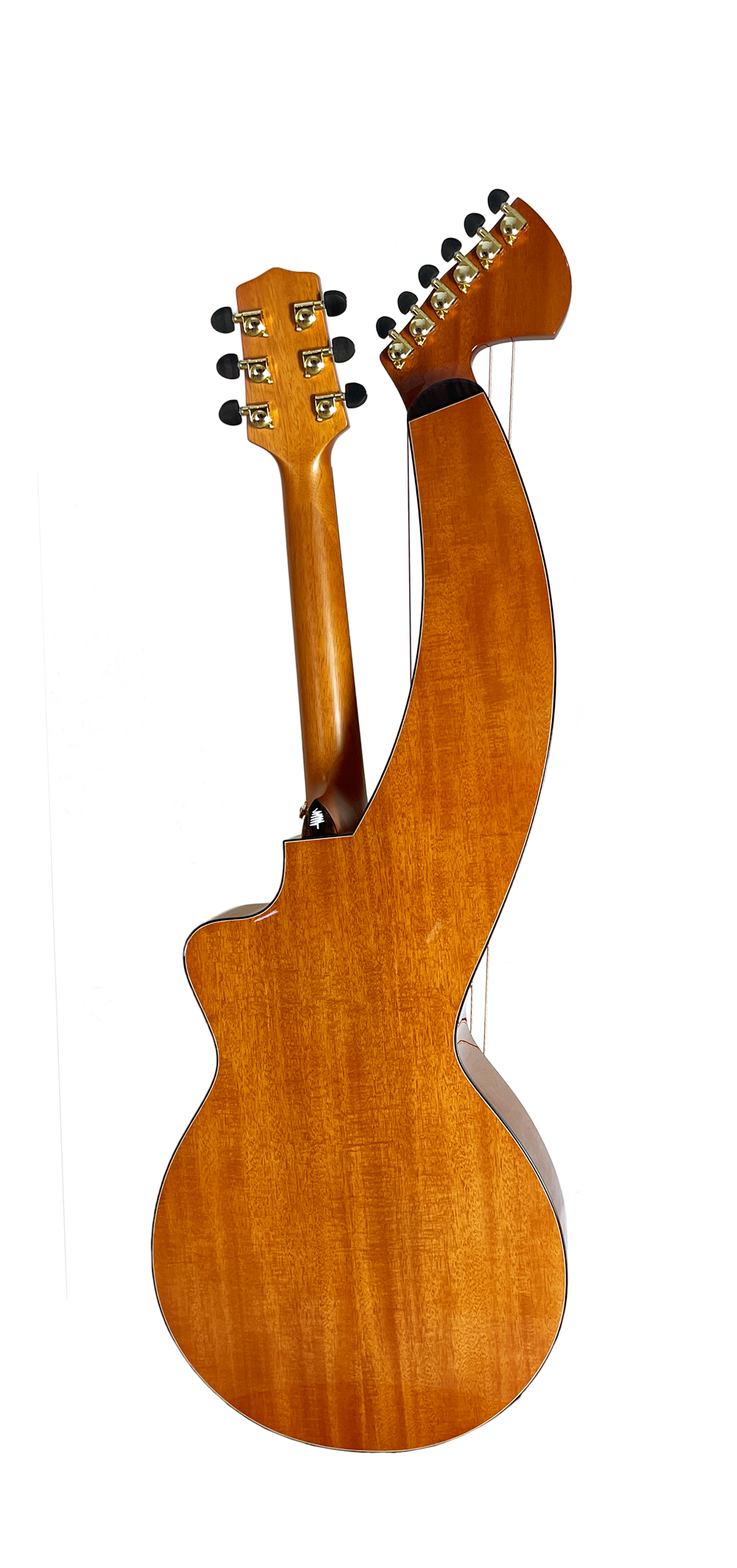 T30HGpc Premium 100% Tropical Mahogany 12 String Parlor sized harp guitar with ebony fretboard, arm bevel and bridge.