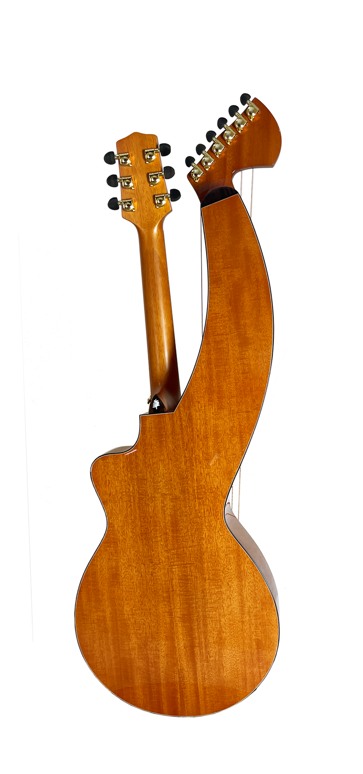 T30HGpc Premium 100% Tropical Mahogany 12 String Parlor sized harp guitar with ebony fretboard, arm bevel and bridge.