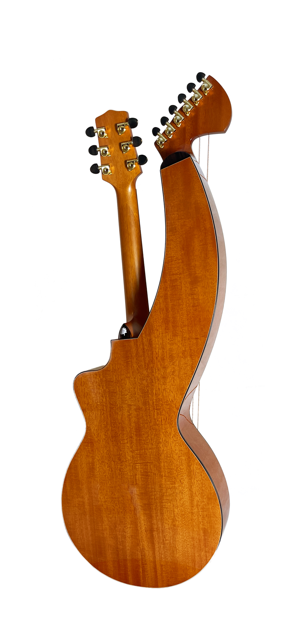 T30HGpc Premium 100% Tropical Mahogany 12 String Parlor sized harp guitar with ebony fretboard, arm bevel and bridge.