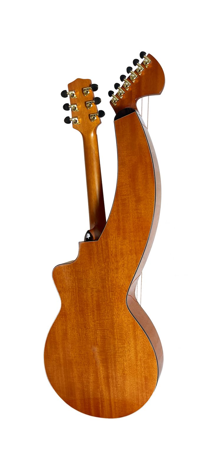 T30HGpc Premium 100% Tropical Mahogany 12 String Parlor sized harp guitar with ebony fretboard, arm bevel and bridge.