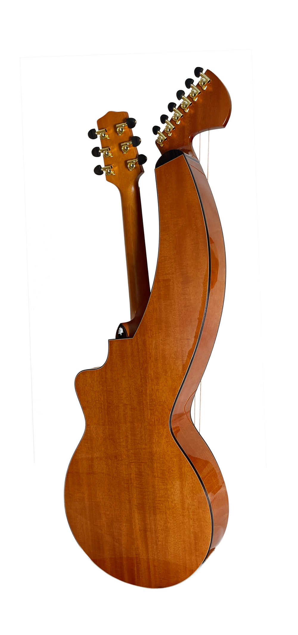 T30HGpc Premium 100% Tropical Mahogany 12 String Parlor sized harp guitar with ebony fretboard, arm bevel and bridge.