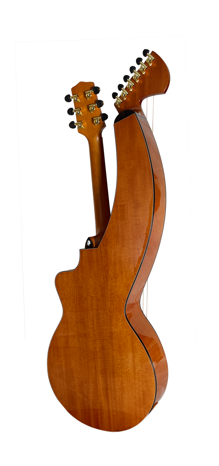 T30HGpc Premium 100% Tropical Mahogany 12 String Parlor sized harp guitar with ebony fretboard, arm bevel and bridge.