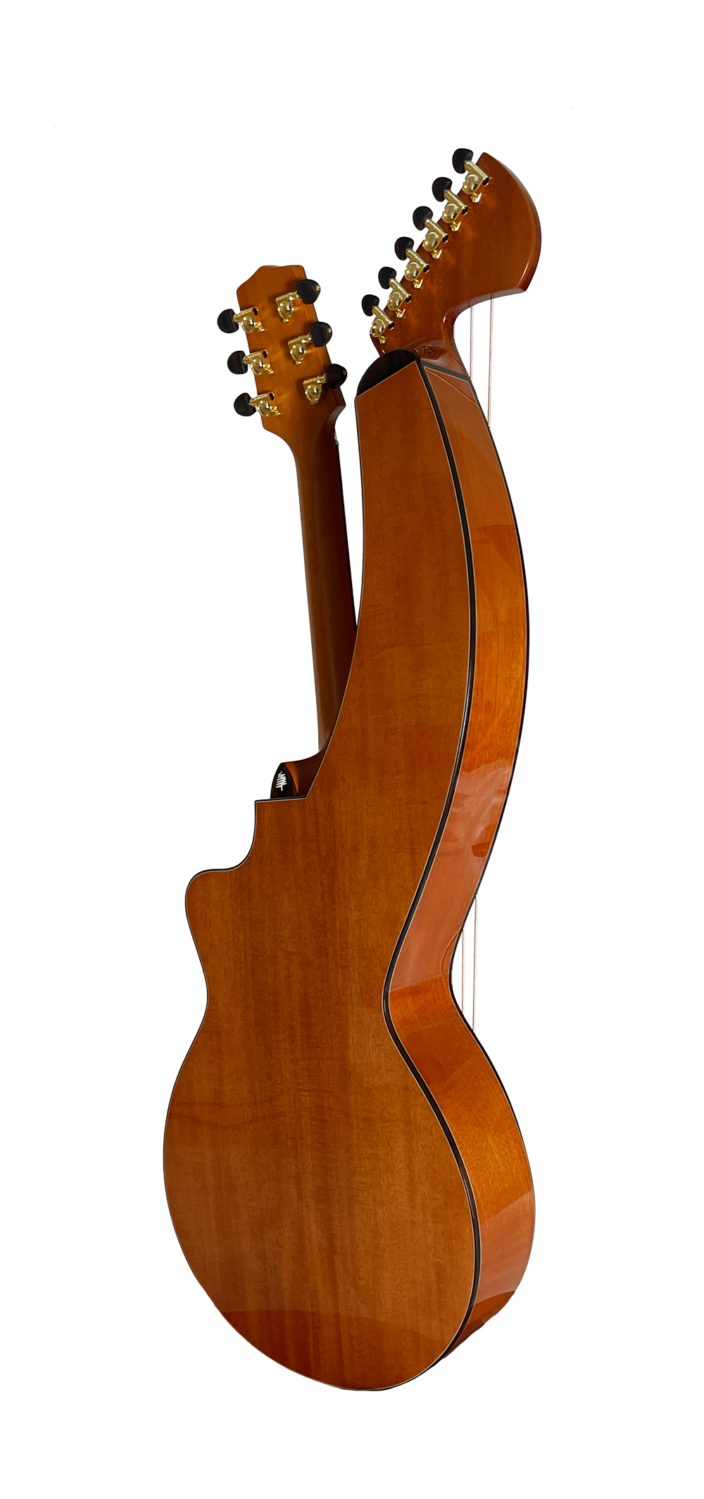 T30HGpc Premium 100% Tropical Mahogany 12 String Parlor sized harp guitar with ebony fretboard, arm bevel and bridge.