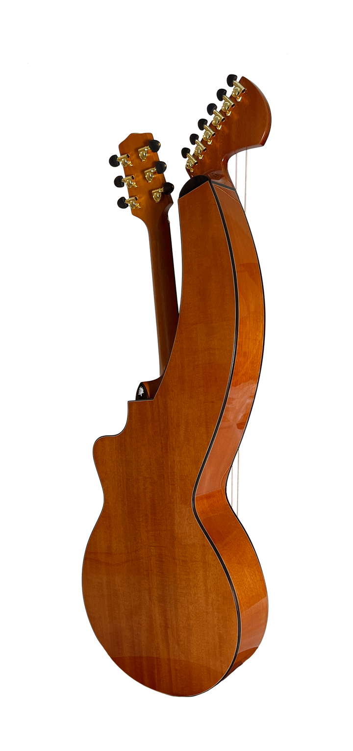 T30HGpc Premium 100% Tropical Mahogany 12 String Parlor sized harp guitar with ebony fretboard, arm bevel and bridge.
