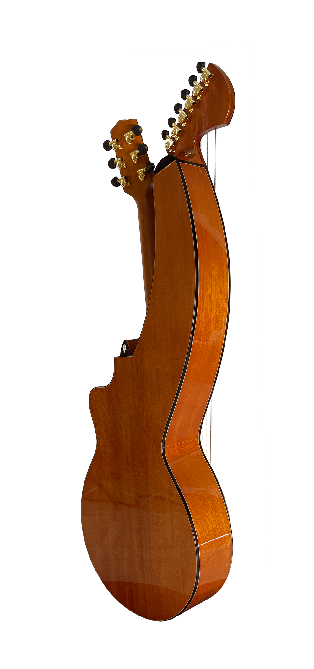 T30HGpc Premium 100% Tropical Mahogany 12 String Parlor sized harp guitar with ebony fretboard, arm bevel and bridge.