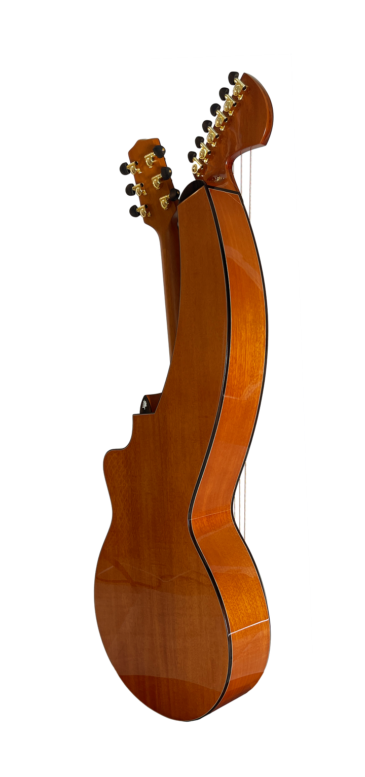 T30HGpc Premium 100% Tropical Mahogany 12 String Parlor sized harp guitar with ebony fretboard, arm bevel and bridge.