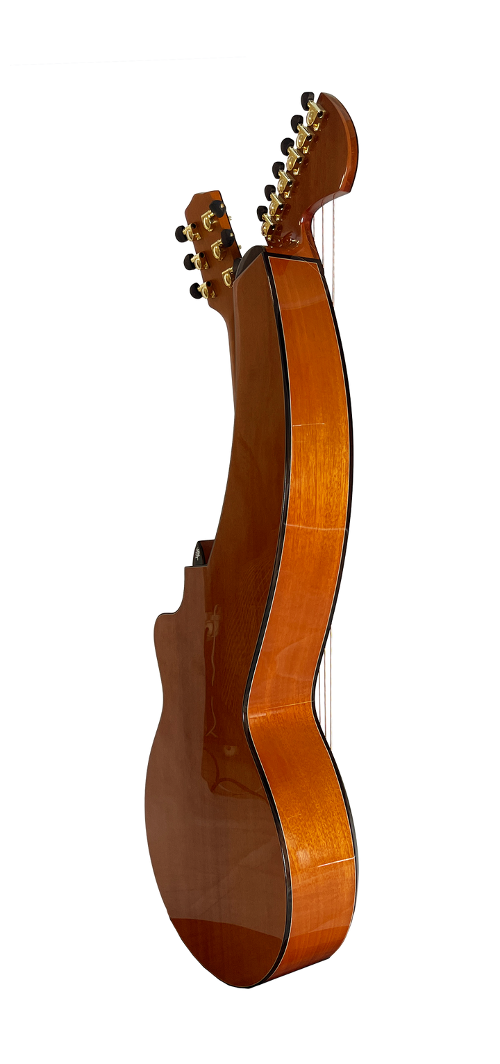 T30HGpc Premium 100% Tropical Mahogany 12 String Parlor sized harp guitar with ebony fretboard, arm bevel and bridge.