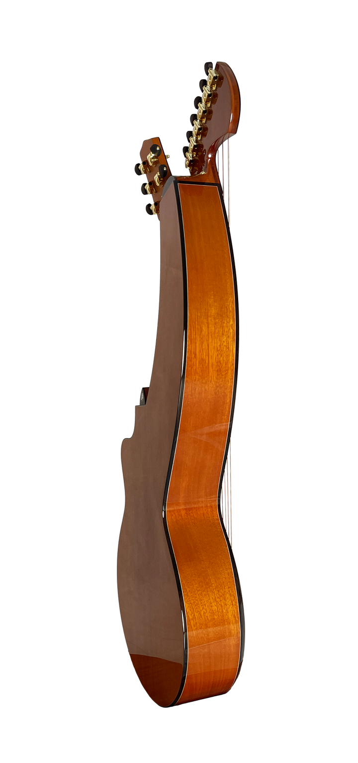 T30HGpc Premium 100% Tropical Mahogany 12 String Parlor sized harp guitar with ebony fretboard, arm bevel and bridge.