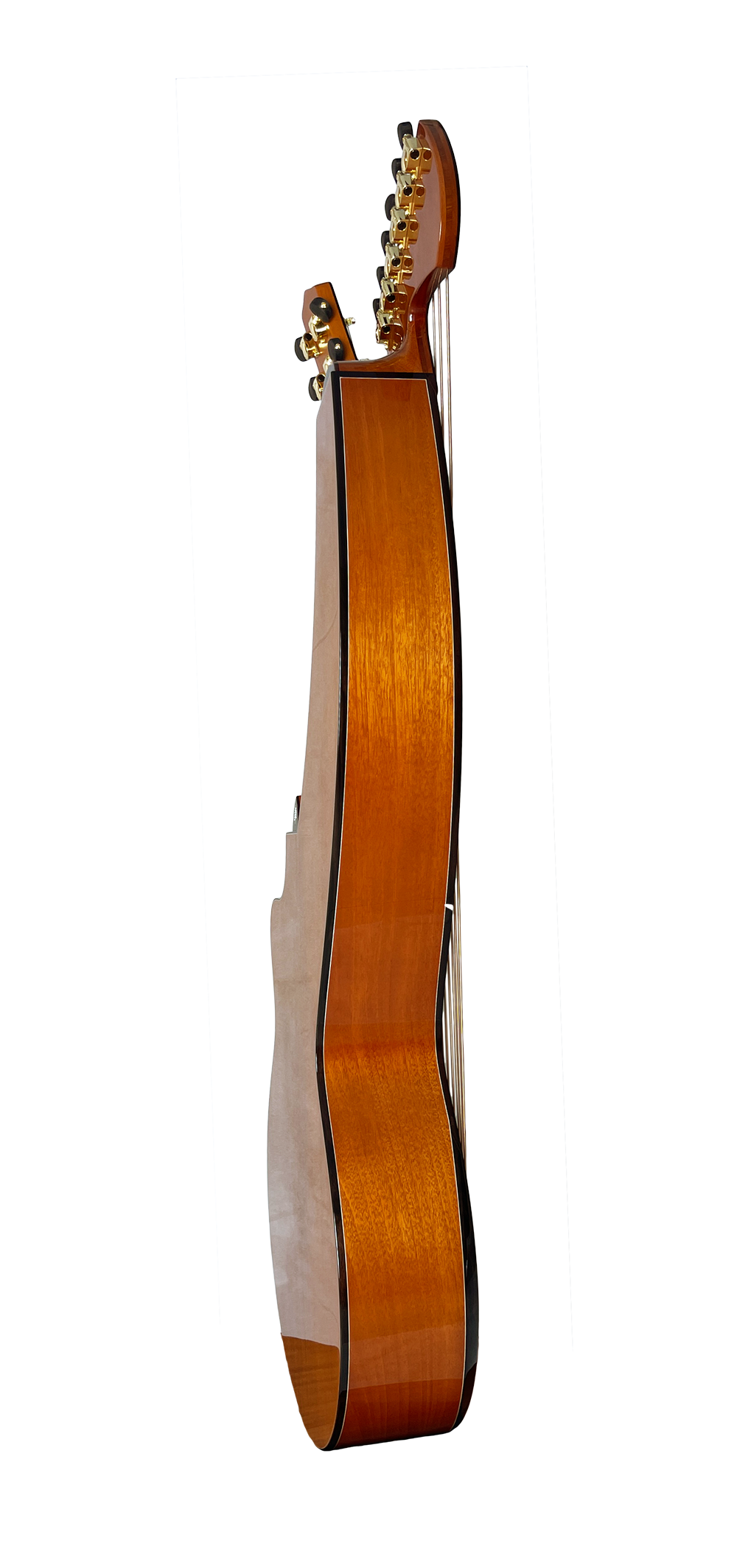 T30HGpc Premium 100% Tropical Mahogany 12 String Parlor sized harp guitar with ebony fretboard, arm bevel and bridge.