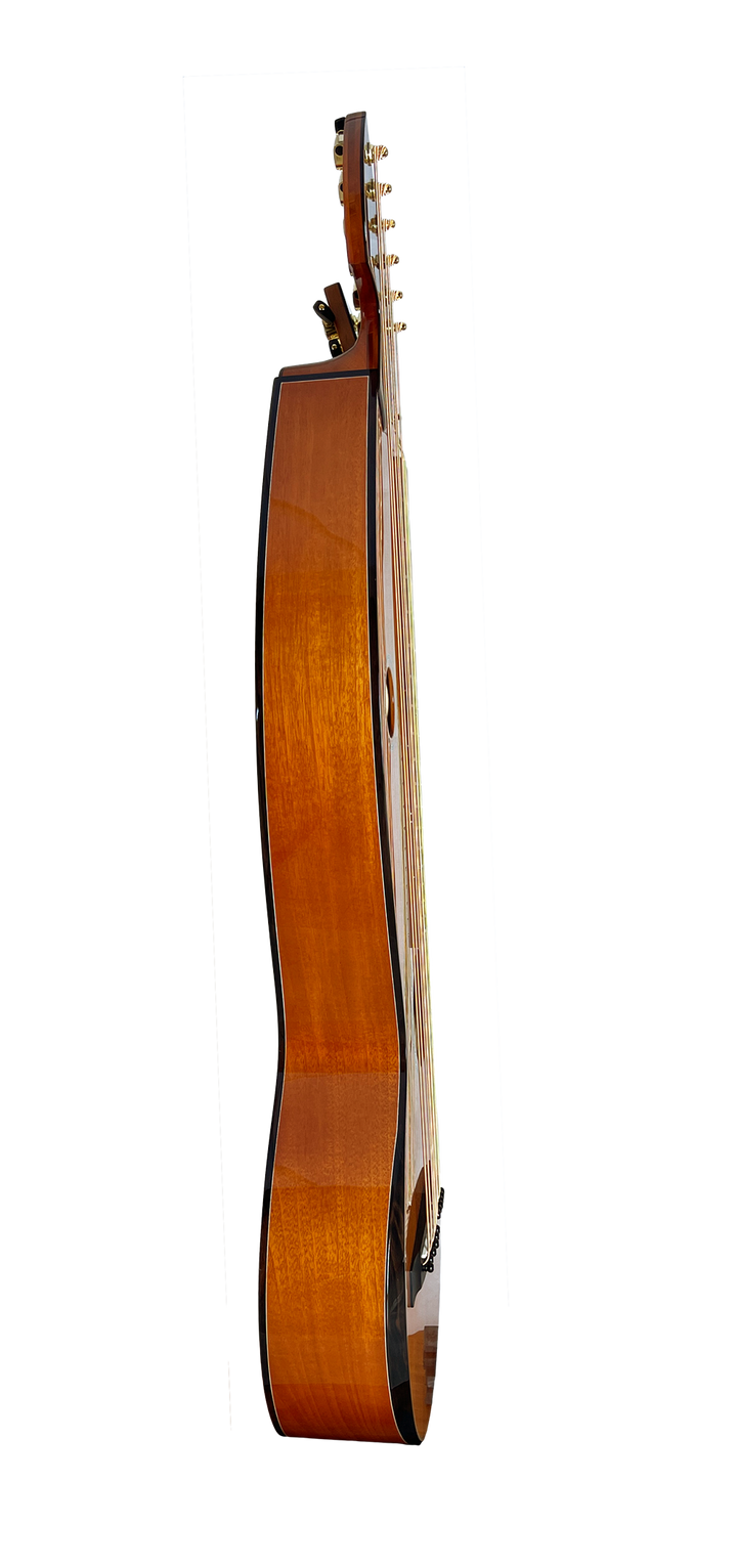 T30HGpc Premium 100% Tropical Mahogany 12 String Parlor sized harp guitar with ebony fretboard, arm bevel and bridge.