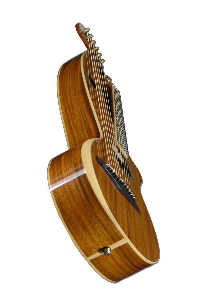 T60HGpc Premium 100% Tropical Acacia 12 String Parlor sized harp guitar with white Tamarind arm bevel and ebony fretboard and bridge.