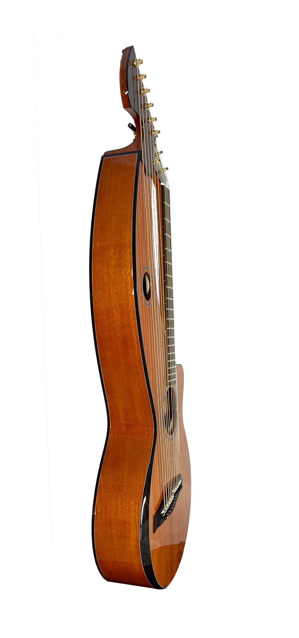 T30HGpc Premium 100% Tropical Mahogany 12 String Parlor sized harp guitar with ebony fretboard, arm bevel and bridge.