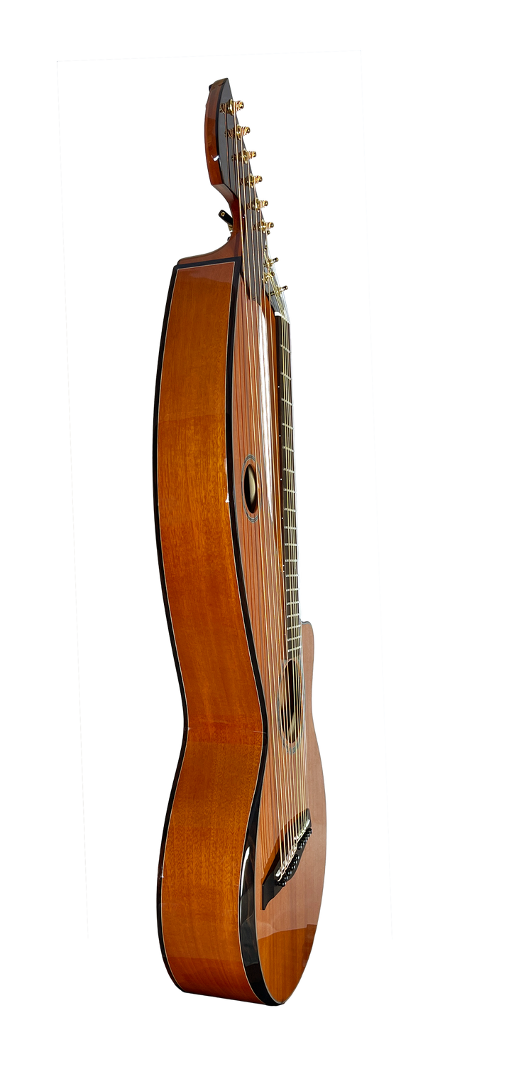T30HGpc Premium 100% Tropical Mahogany 12 String Parlor sized harp guitar with ebony fretboard, arm bevel and bridge.