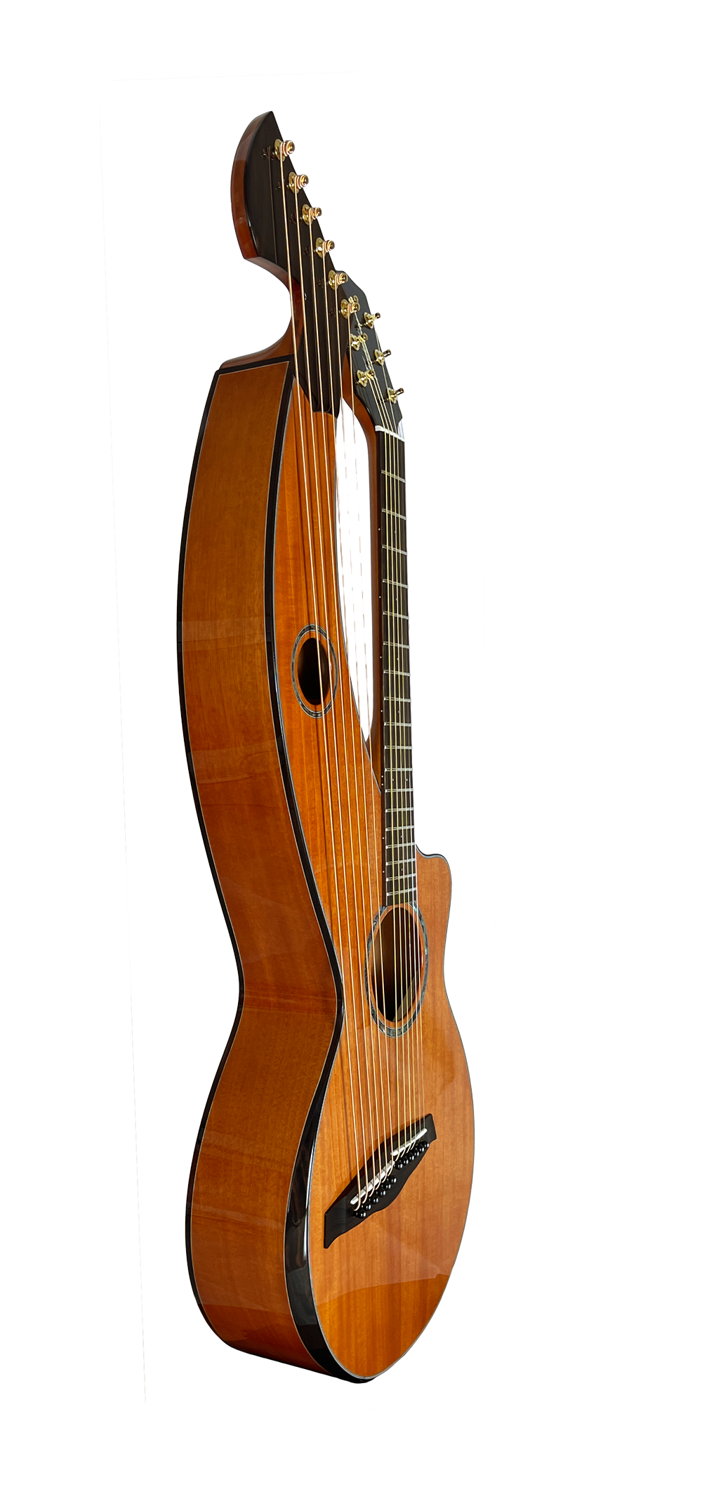 T30HGpc Premium 100% Tropical Mahogany 12 String Parlor sized harp guitar with ebony fretboard, arm bevel and bridge.