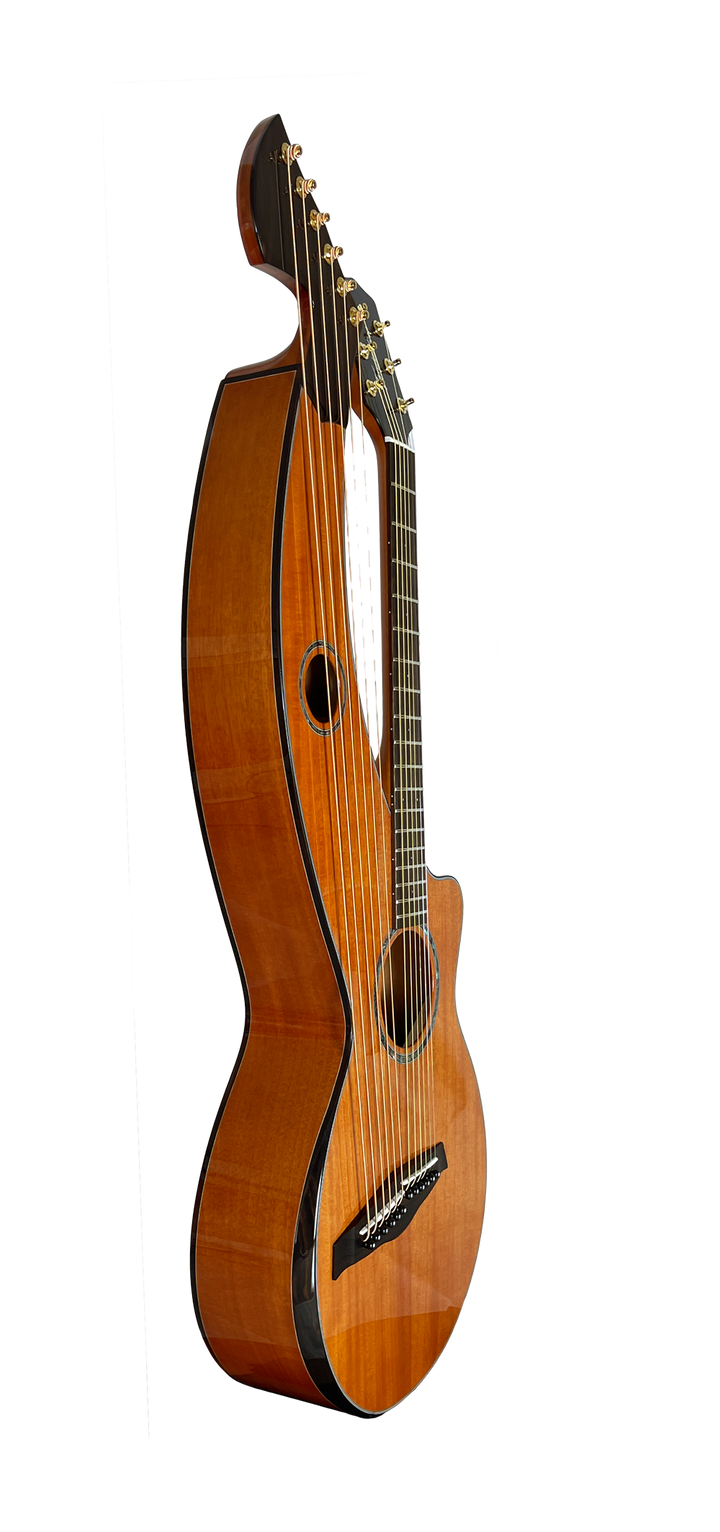 T30HGpc Premium 100% Tropical Mahogany 12 String Parlor sized harp guitar with ebony fretboard, arm bevel and bridge.