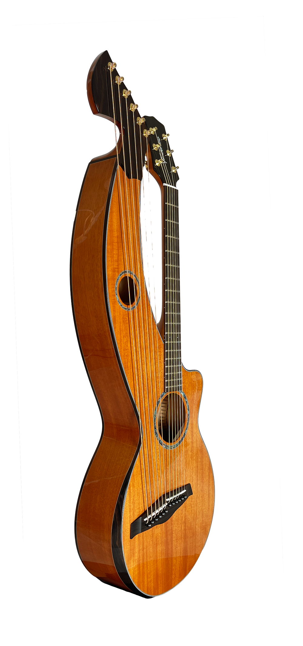 T30HGpc Premium 100% Tropical Mahogany 12 String Parlor sized harp guitar with ebony fretboard, arm bevel and bridge.