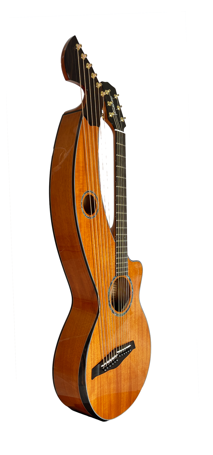 T30HGpc Premium 100% Tropical Mahogany 12 String Parlor sized harp guitar with ebony fretboard, arm bevel and bridge.