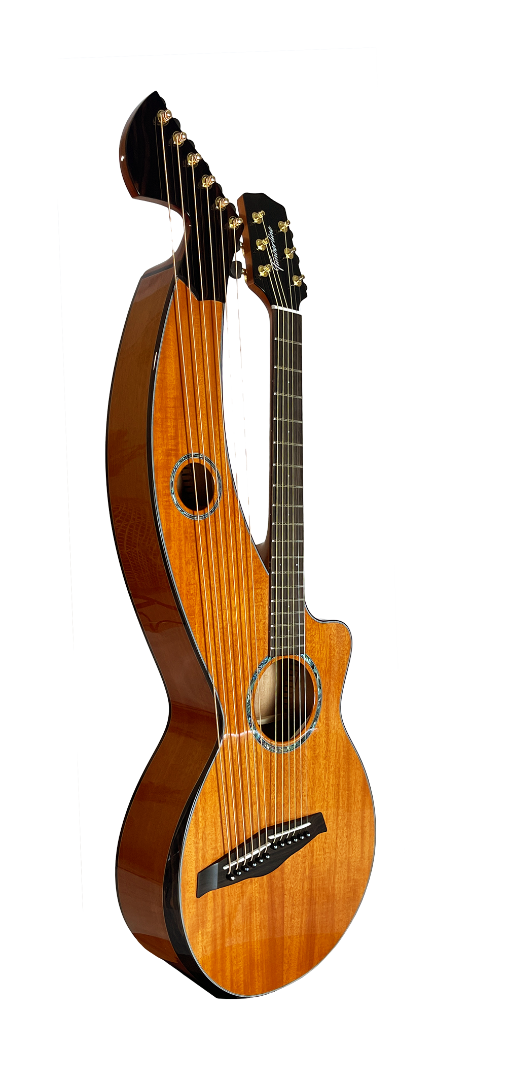 T30HGpc Premium 100% Tropical Mahogany 12 String Parlor sized harp guitar with ebony fretboard, arm bevel and bridge.