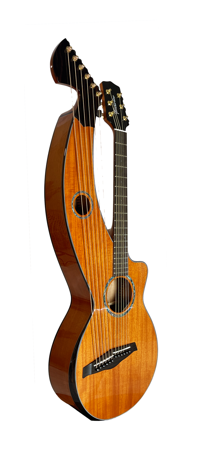 T30HGpc Premium 100% Tropical Mahogany 12 String Parlor sized harp guitar with ebony fretboard, arm bevel and bridge.