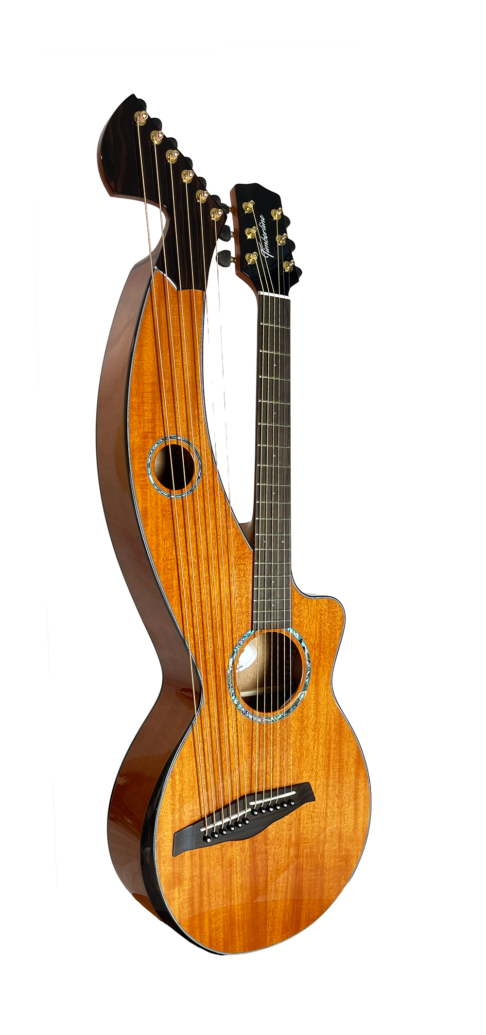 T30HGpc Premium 100% Tropical Mahogany 12 String Parlor sized harp guitar with ebony fretboard, arm bevel and bridge.