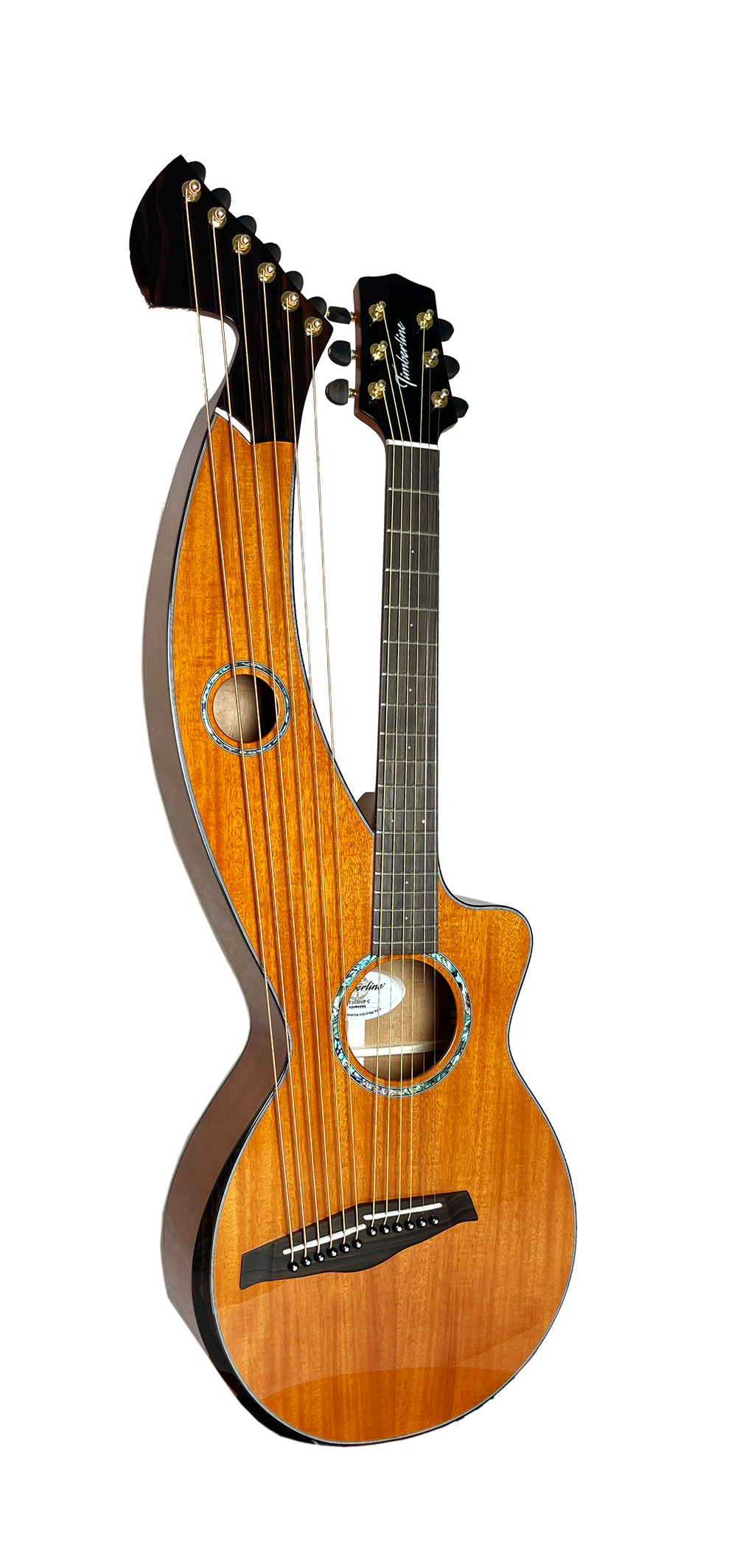 T30HGpc Premium 100% Tropical Mahogany 12 String Parlor sized harp guitar with ebony fretboard, arm bevel and bridge.