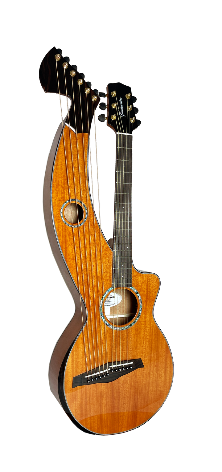 T30HGpc Premium 100% Tropical Mahogany 12 String Parlor sized harp guitar with ebony fretboard, arm bevel and bridge.