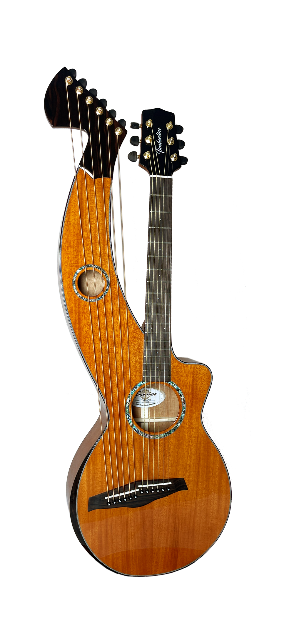 T30HGpc Premium 100% Tropical Mahogany 12 String Parlor sized harp guitar with ebony fretboard, arm bevel and bridge.