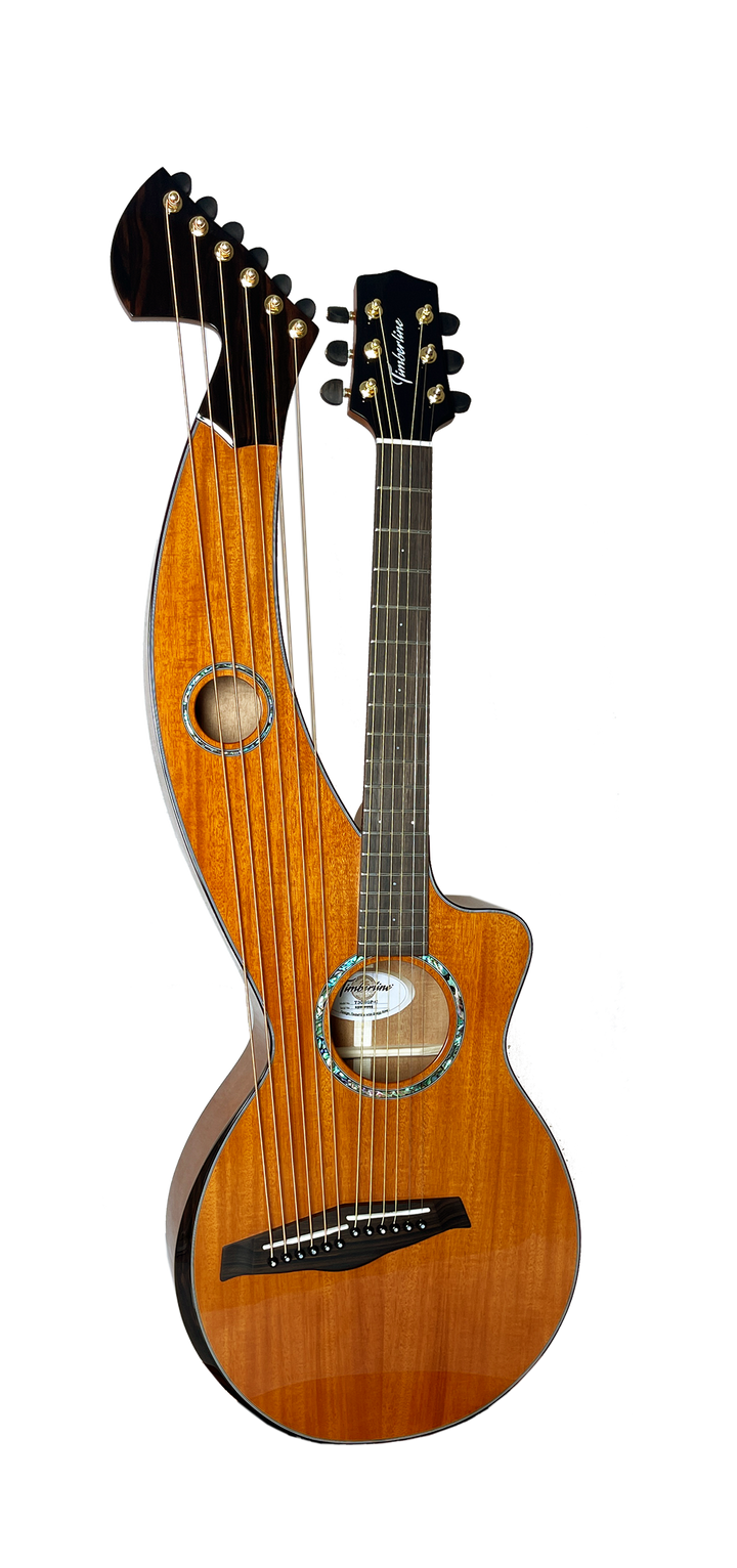T30HGpc Premium 100% Tropical Mahogany 12 String Parlor sized harp guitar with ebony fretboard, arm bevel and bridge.