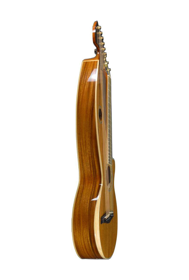 T60HGpc Premium 100% Tropical Acacia 12 String Parlor sized harp guitar with white Tamarind arm bevel and ebony fretboard and bridge.