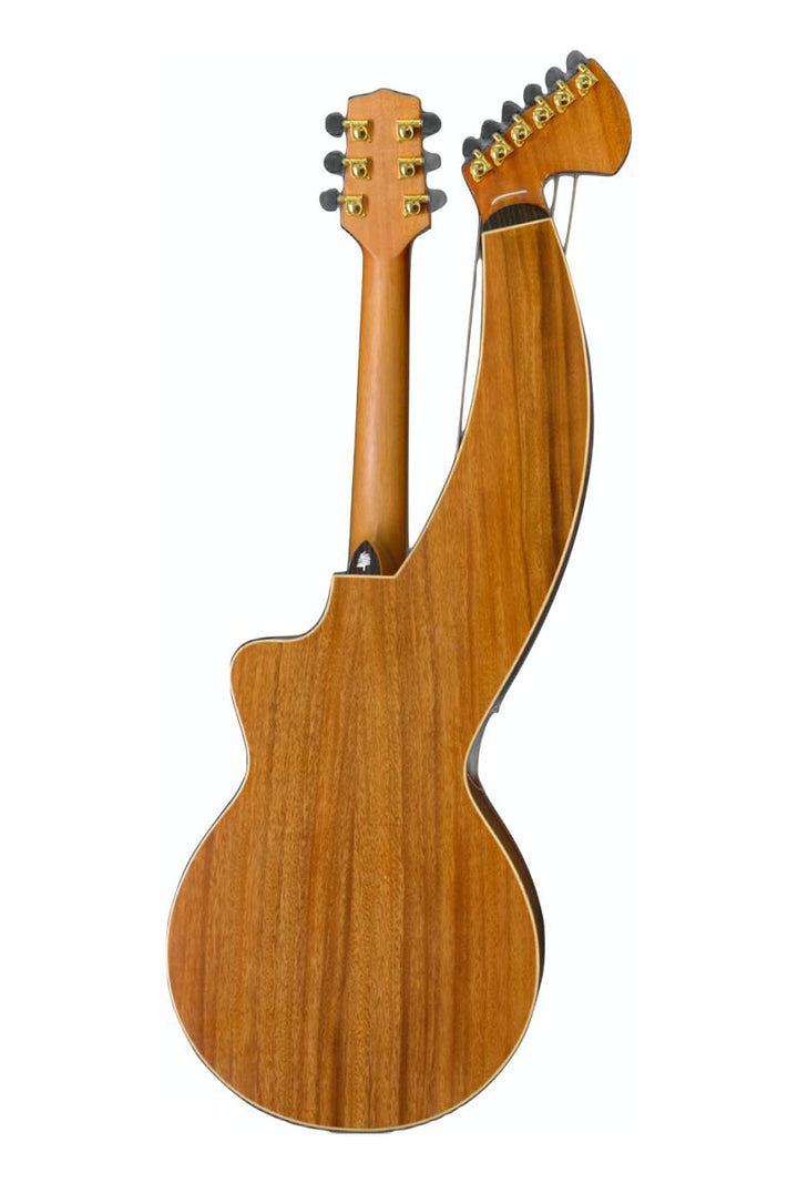 T60HGpc Premium 100% Tropical Acacia 12 String Parlor sized harp guitar with white Tamarind arm bevel and ebony fretboard and bridge.