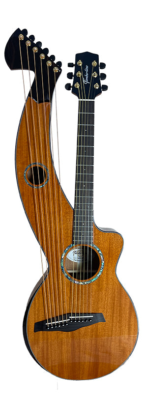 T30HGpc Premium 100% Tropical Mahogany 12 String Parlor sized harp guitar with ebony fretboard, arm bevel and bridge.