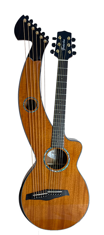 T30HGpc Premium 100% Tropical Mahogany 12 String Parlor sized harp guitar with ebony fretboard, arm bevel and bridge.
