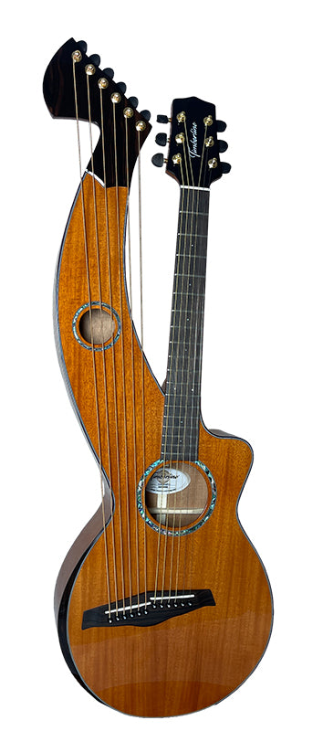 T30HGpc Premium 100% Tropical Mahogany 12 String Parlor sized harp guitar with ebony fretboard, arm bevel and bridge.