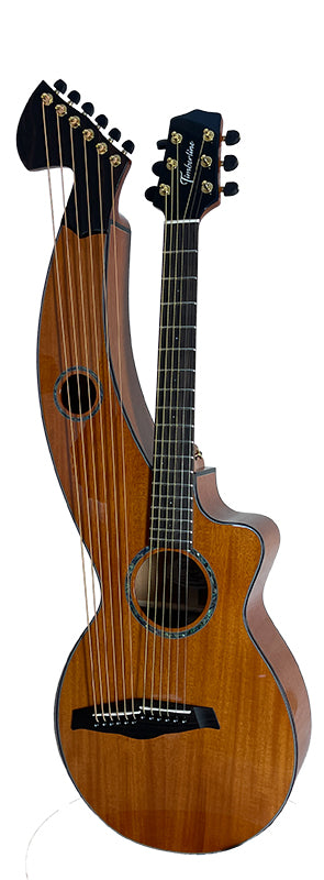T30HGpc Premium 100% Tropical Mahogany 12 String Parlor sized harp guitar with ebony fretboard, arm bevel and bridge.