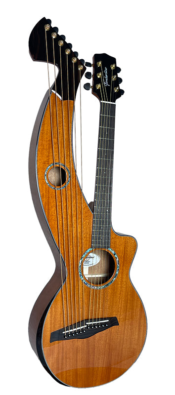 T30HGpc Premium 100% Tropical Mahogany 12 String Parlor sized harp guitar with ebony fretboard, arm bevel and bridge.