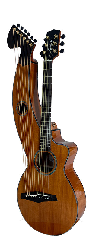 T30HGpc Premium 100% Tropical Mahogany 12 String Parlor sized harp guitar with ebony fretboard, arm bevel and bridge.